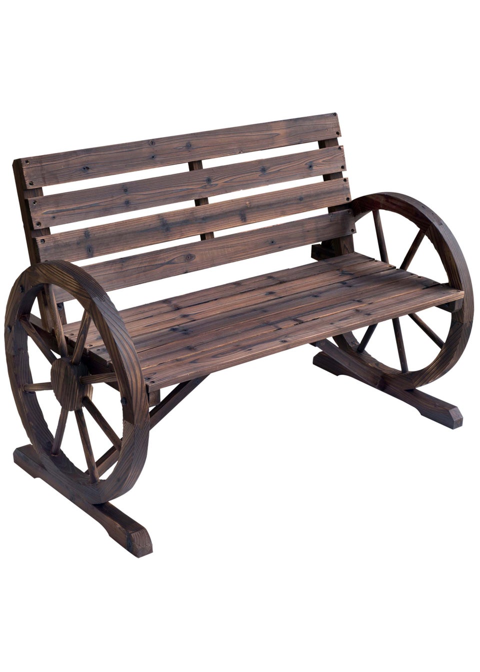 Outsunny 2 Seater Garden Bench Outdoor Garden Armrest Chair with Wooden Cart Wagon Wheel