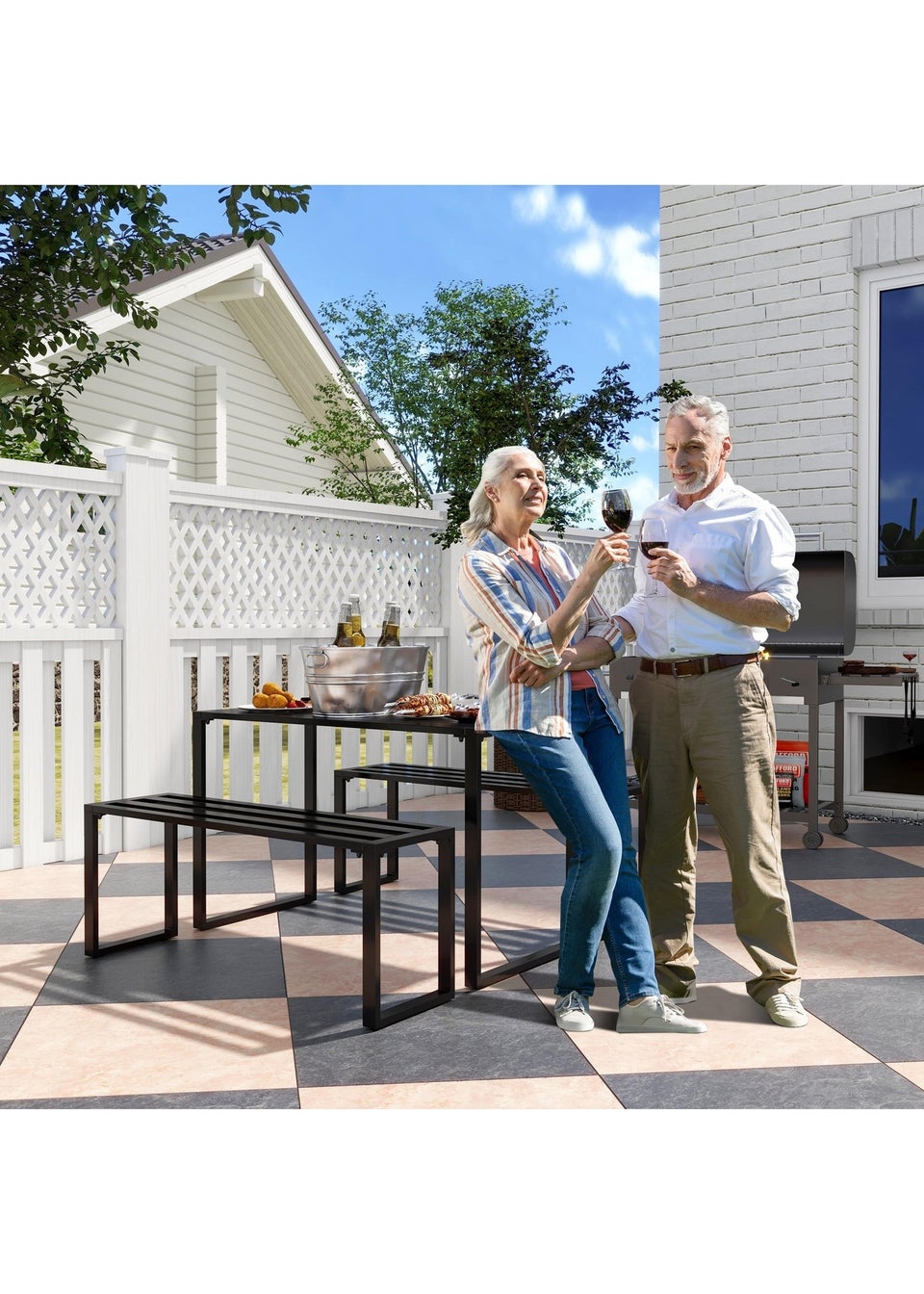 Outsunny 3Pcs Outdoor Dining Set Metal Beer Table Bench Patio Garden Yard