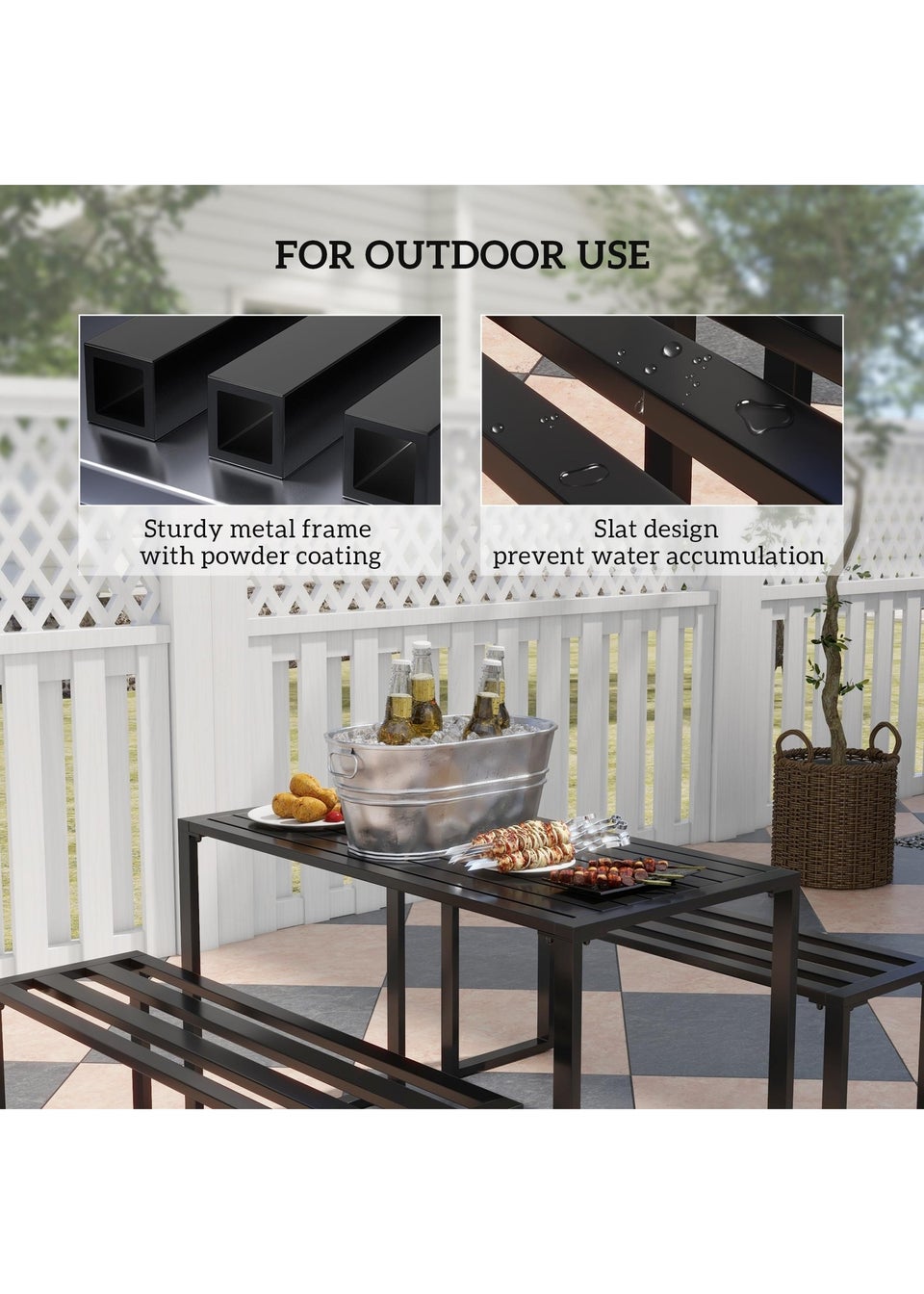 Outsunny 3Pcs Outdoor Dining Set Metal Beer Table Bench Patio Garden Yard