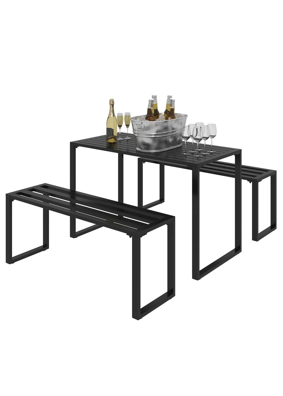 Outsunny 3Pcs Outdoor Dining Set Metal Beer Table Bench Patio Garden Yard
