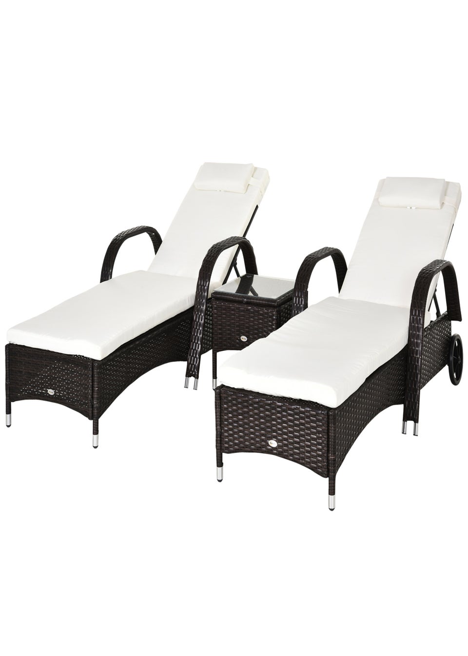 Outsunny 3 Pieces PE Rattan Patio Lounge Chair Set, Outdoor Recliner Lounge Chairs with Wheels for Outside with Cushions
