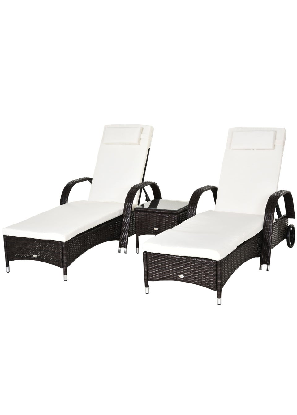 Outsunny 3 Pieces PE Rattan Patio Lounge Chair Set, Outdoor Recliner Lounge Chairs with Wheels for Outside with Cushions