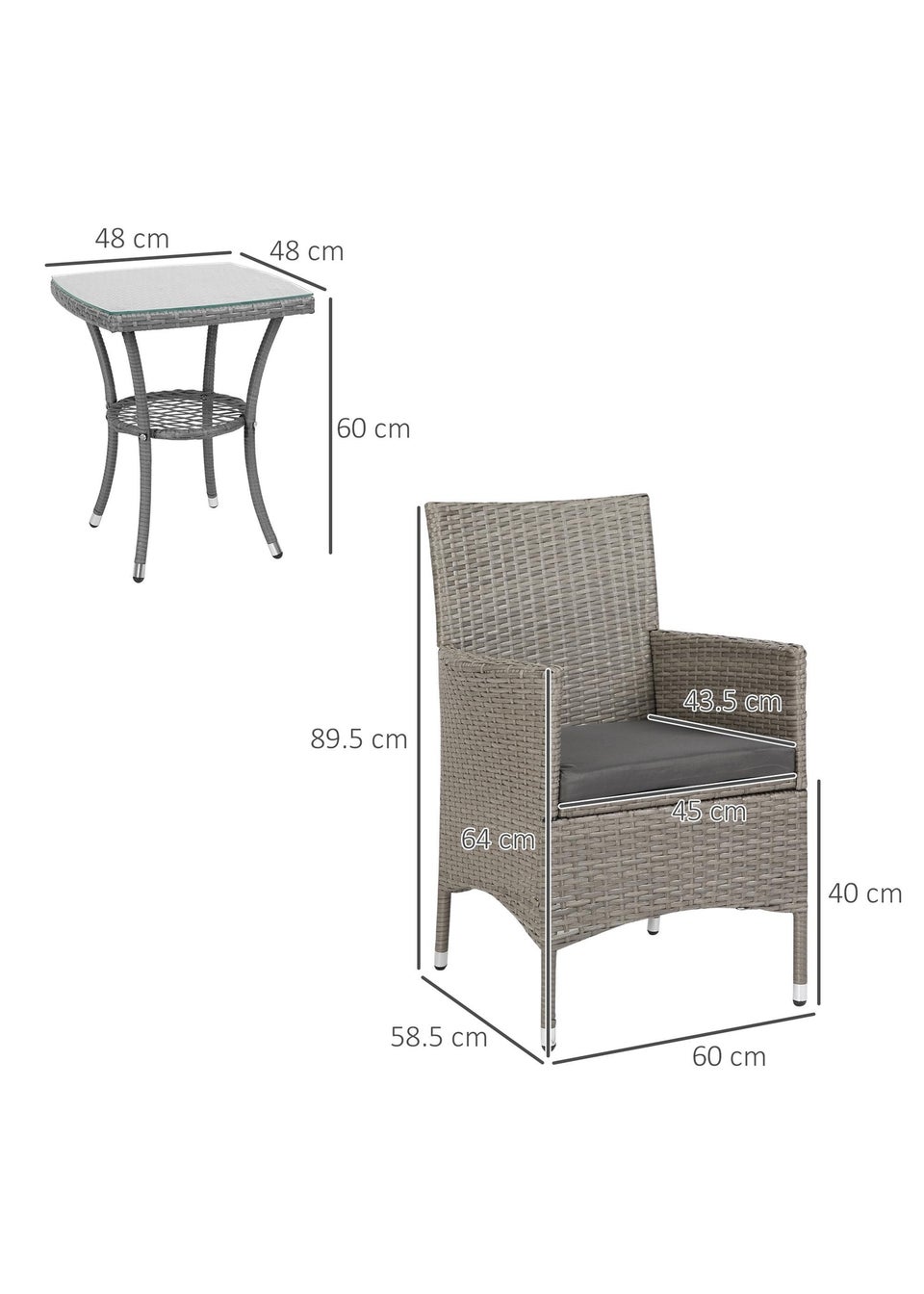 Outsunny Rattan Bistro Set Garden Chair Table Patio Outdoor, Light Grey