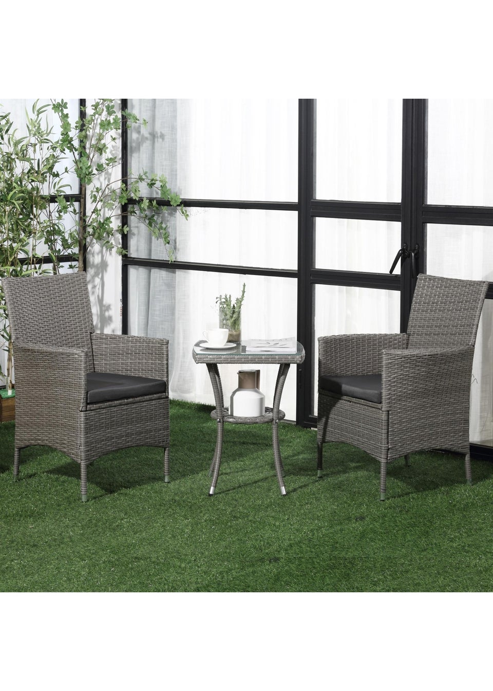 Outsunny Rattan Bistro Set Garden Chair Table Patio Outdoor, Light Grey