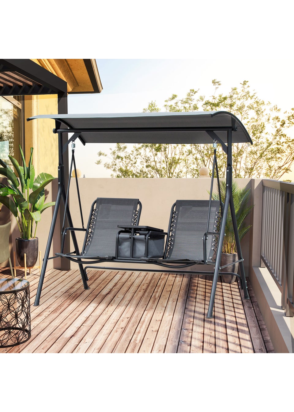 Outsunny Grey 2 Seater Canopy Swing Chair with Table (166cm x 110cm x 162cm)