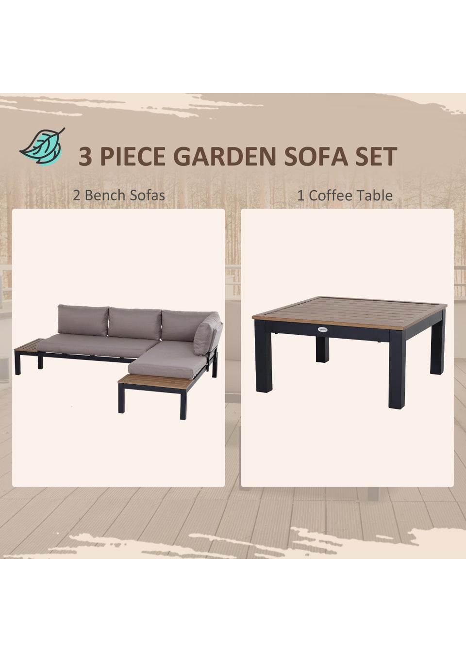 Outsunny 3 Piece Grey Garden Sofa Set (69cm x 74cm x 64cm) Matalan