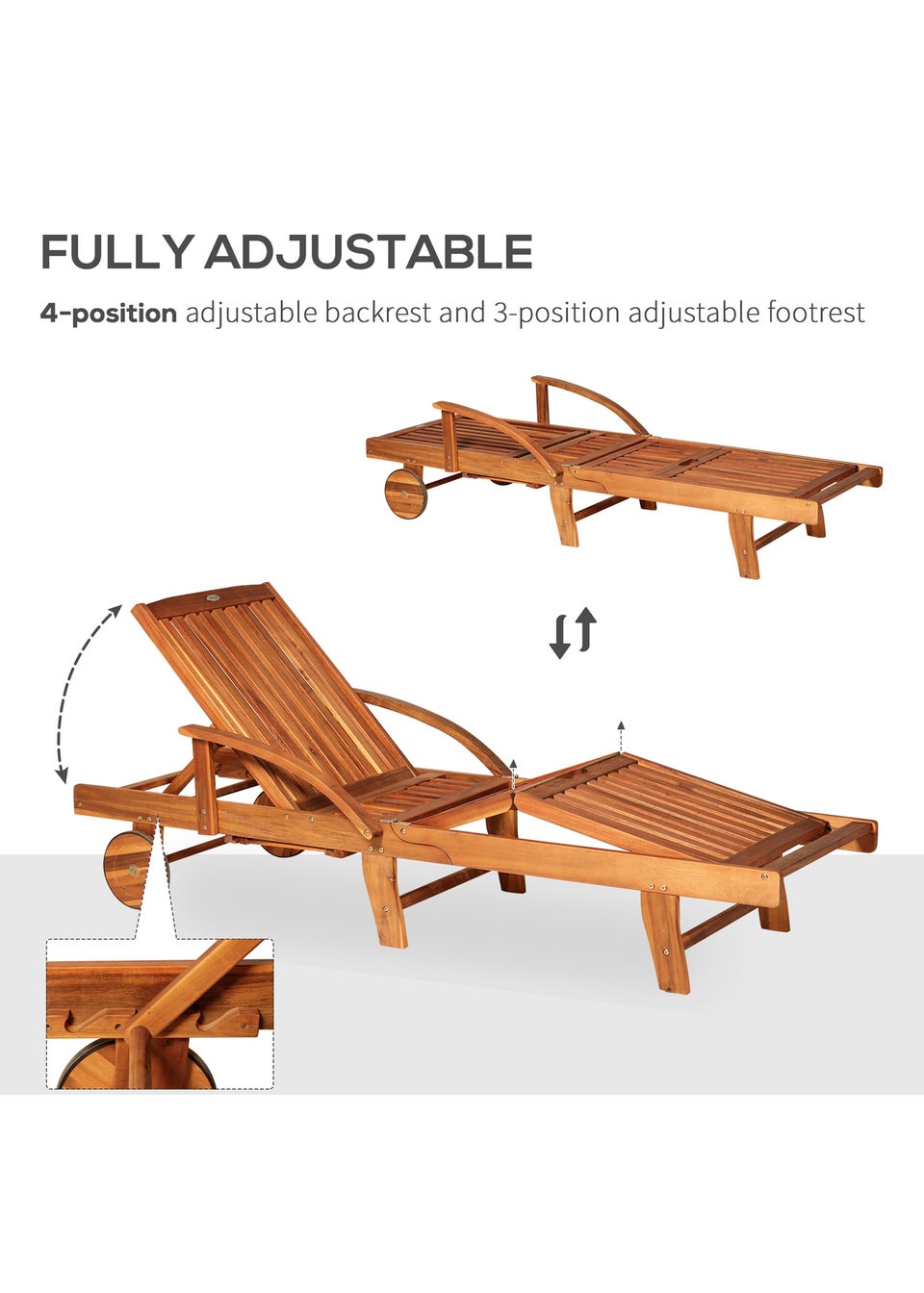 Outsunny Acacia Wood Garden Sun Lounger with Wheels (85cm x 70cm x 195cm)