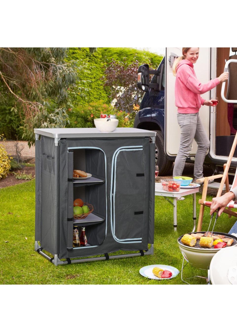 Outsunny Grey Portable Camping Storage Table (104cm x 49.5cm x 96cm)
