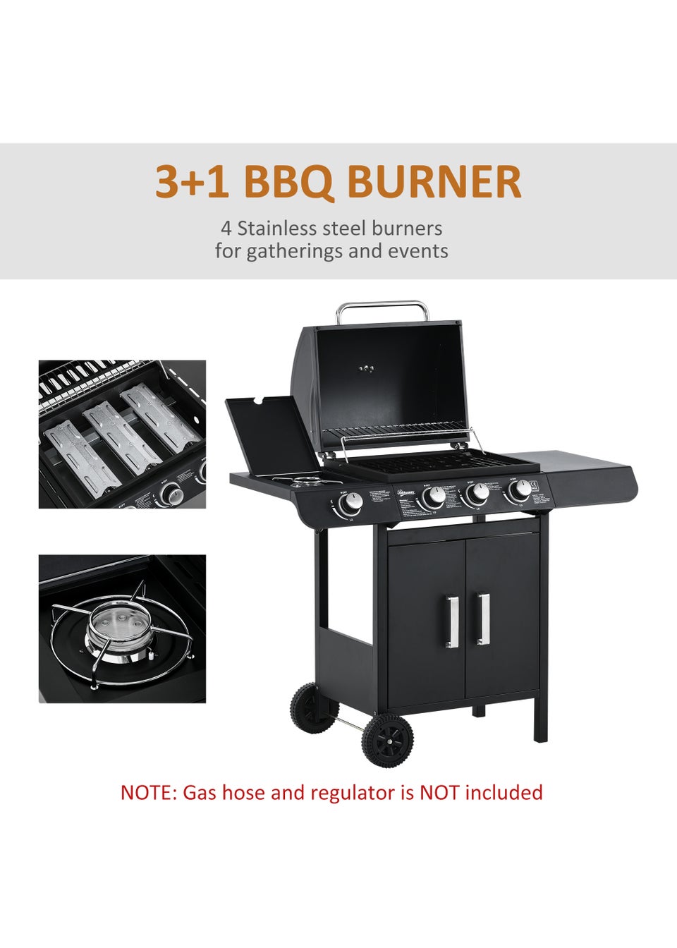 Outsunny Gas Burner Barbecue Grill 3+1 Burner Garden BBQ Trolley 110x50x100cm