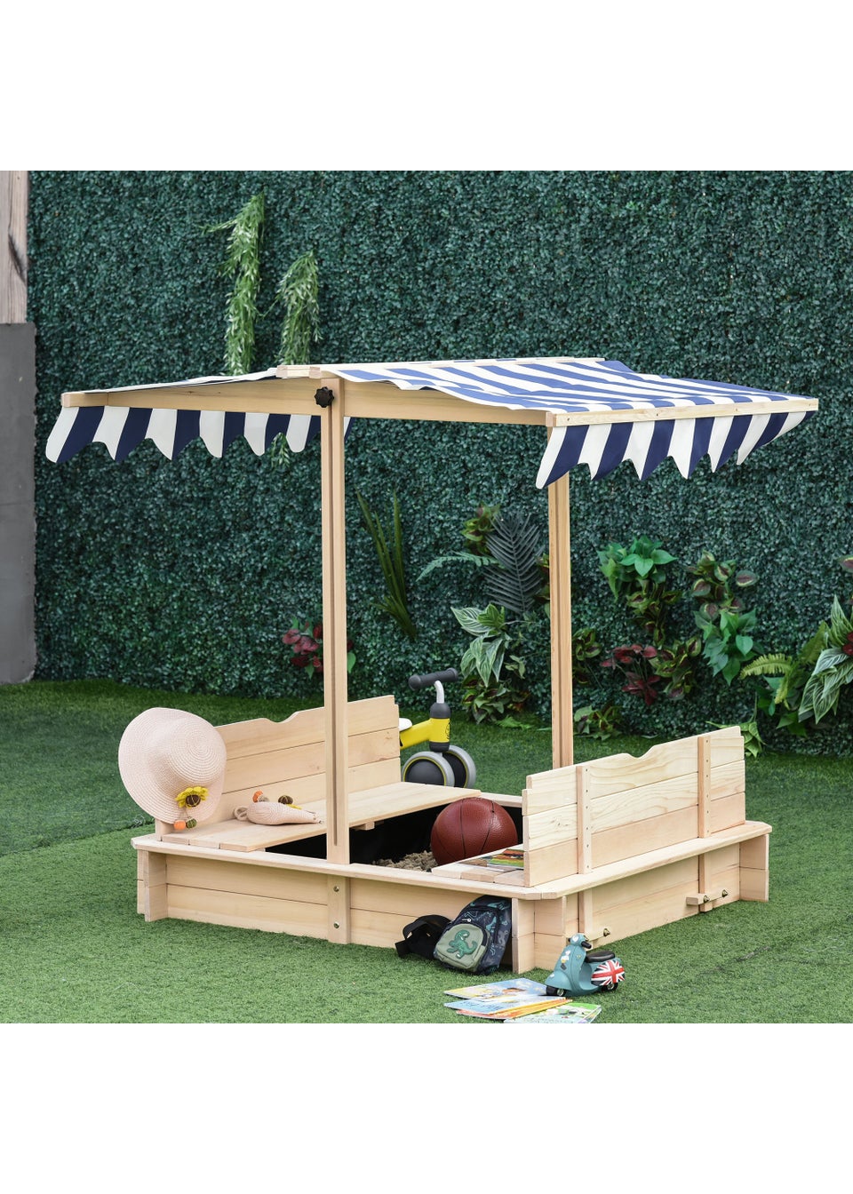 Outsunny Kids Sandpit with Bench & Adjustable Canopy (106cm x 106cm x 121cm)
