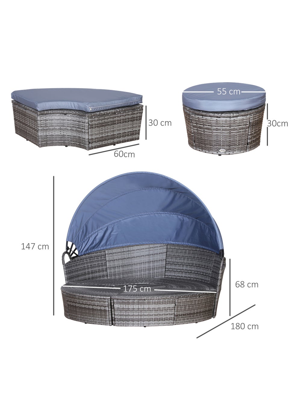 Outsunny 4 Piece Cushioned Outdoor Rattan Round Sofa Bed Set