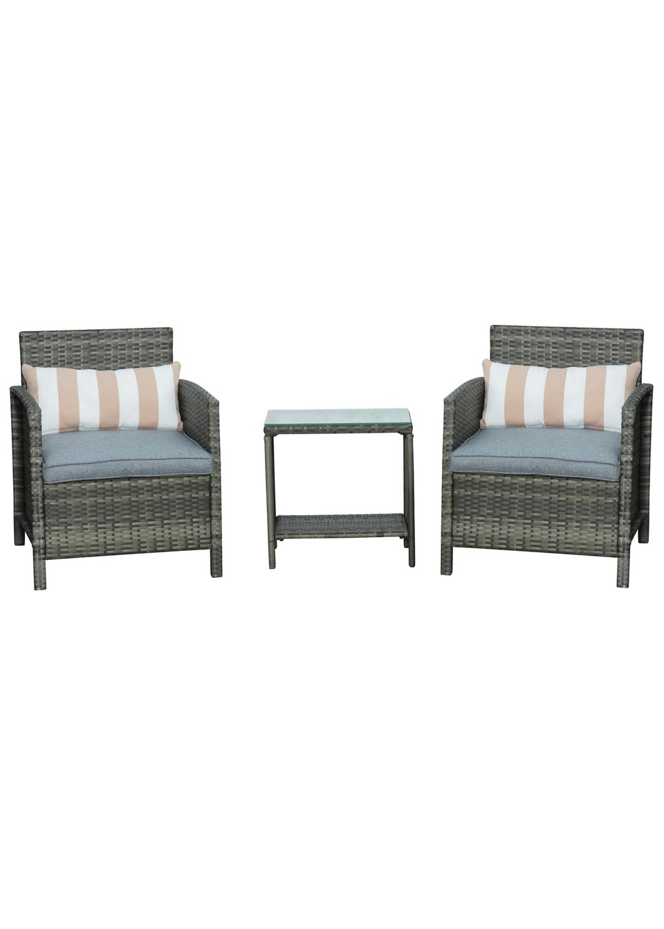Outsunny 3 PC Outdoor Rattan Sofa Set w/ Chairs Coffee Table Cushion Grey