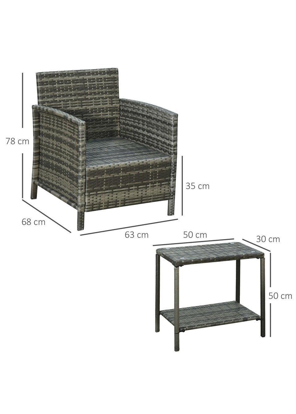 Outsunny 3 PC Outdoor Rattan Sofa Set w/ Chairs Coffee Table Cushion Grey