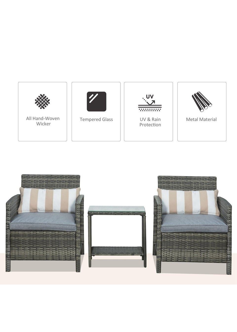 Outsunny 3 PC Outdoor Rattan Sofa Set w/ Chairs Coffee Table Cushion Grey