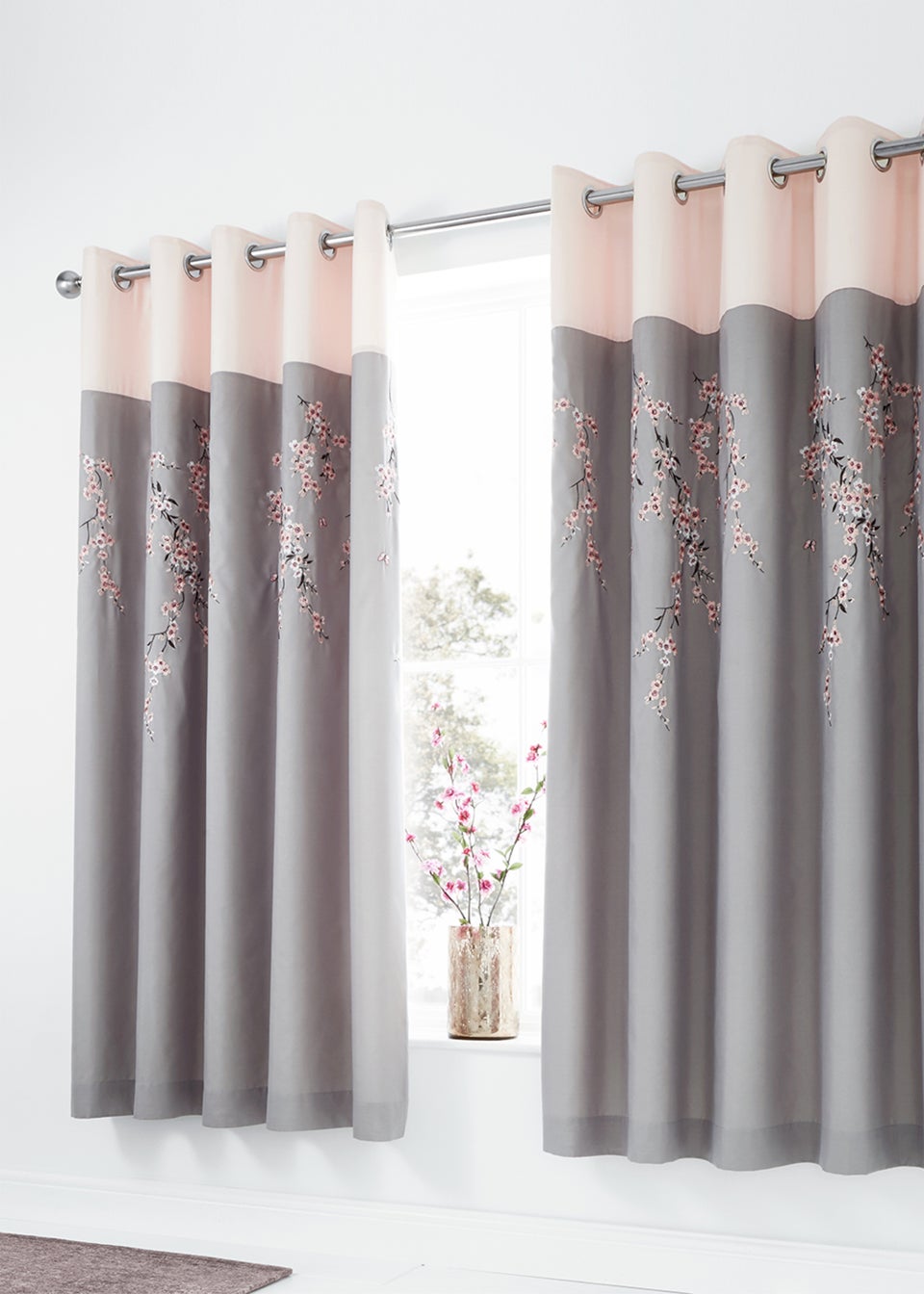 Catherine Lansfield Embroidered Blossom Lined Eyelet Curtains