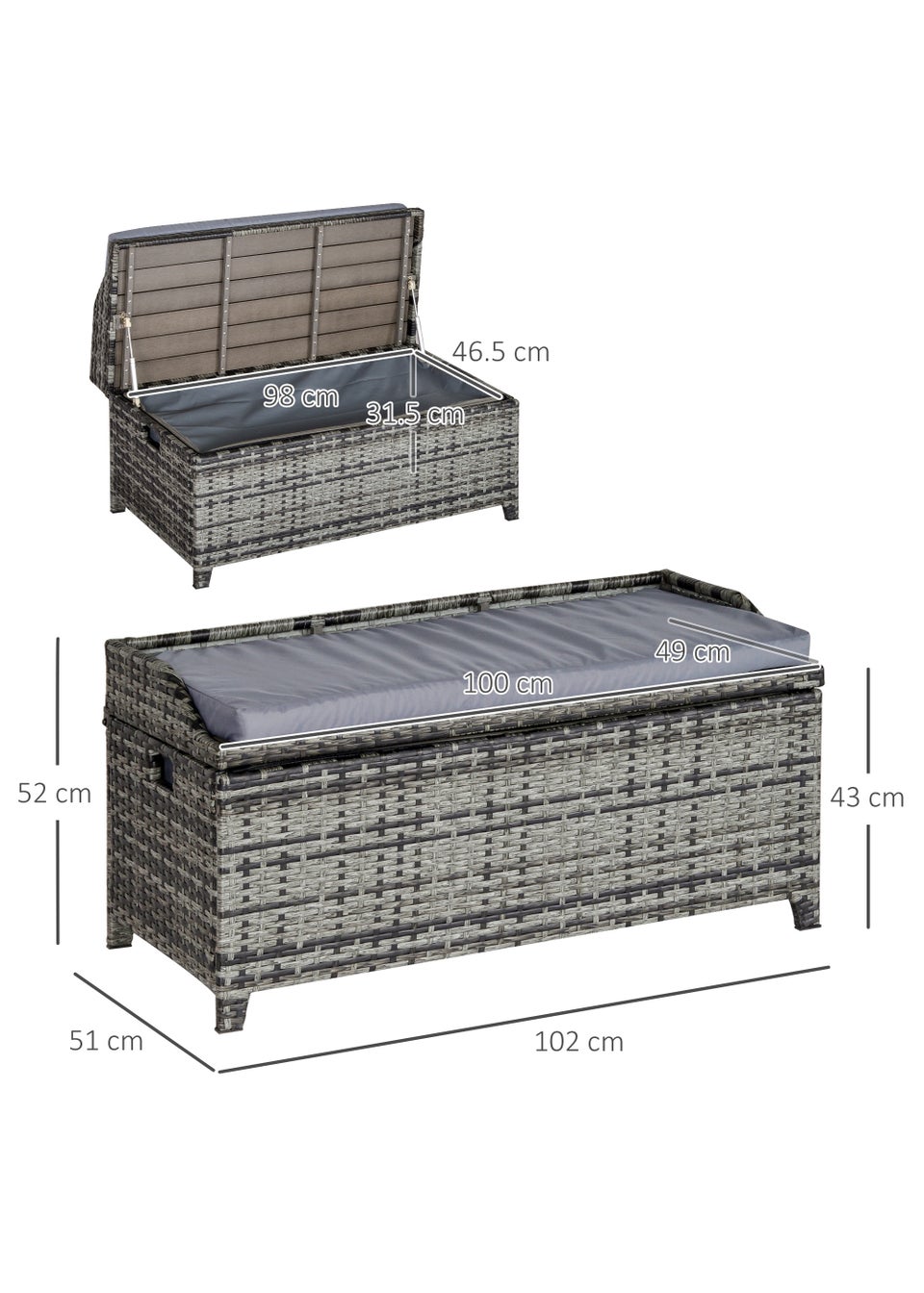 Outsunny Patio Rattan Wicker Storage Basket Bench Seat Matalan