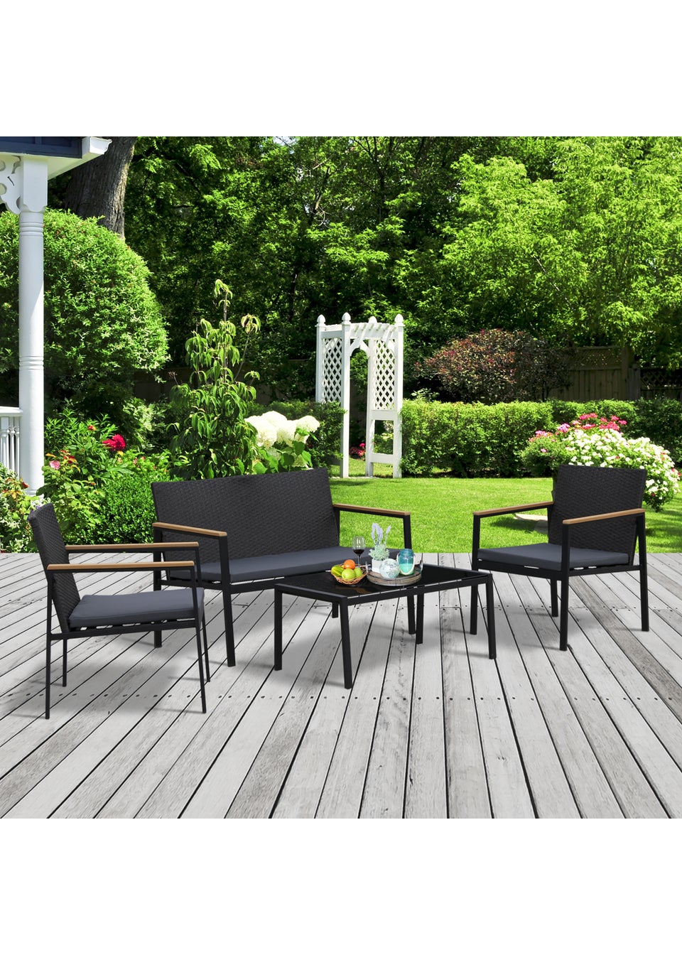 Outsunny 4 Piece Cushioned Outdoor Rattan Wicker Set
