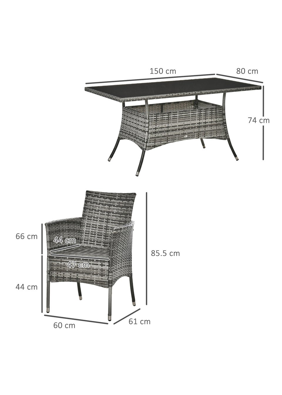 Outsunny Rattan Dining Set for 6 with Cushions, Glass Top Table, Grey