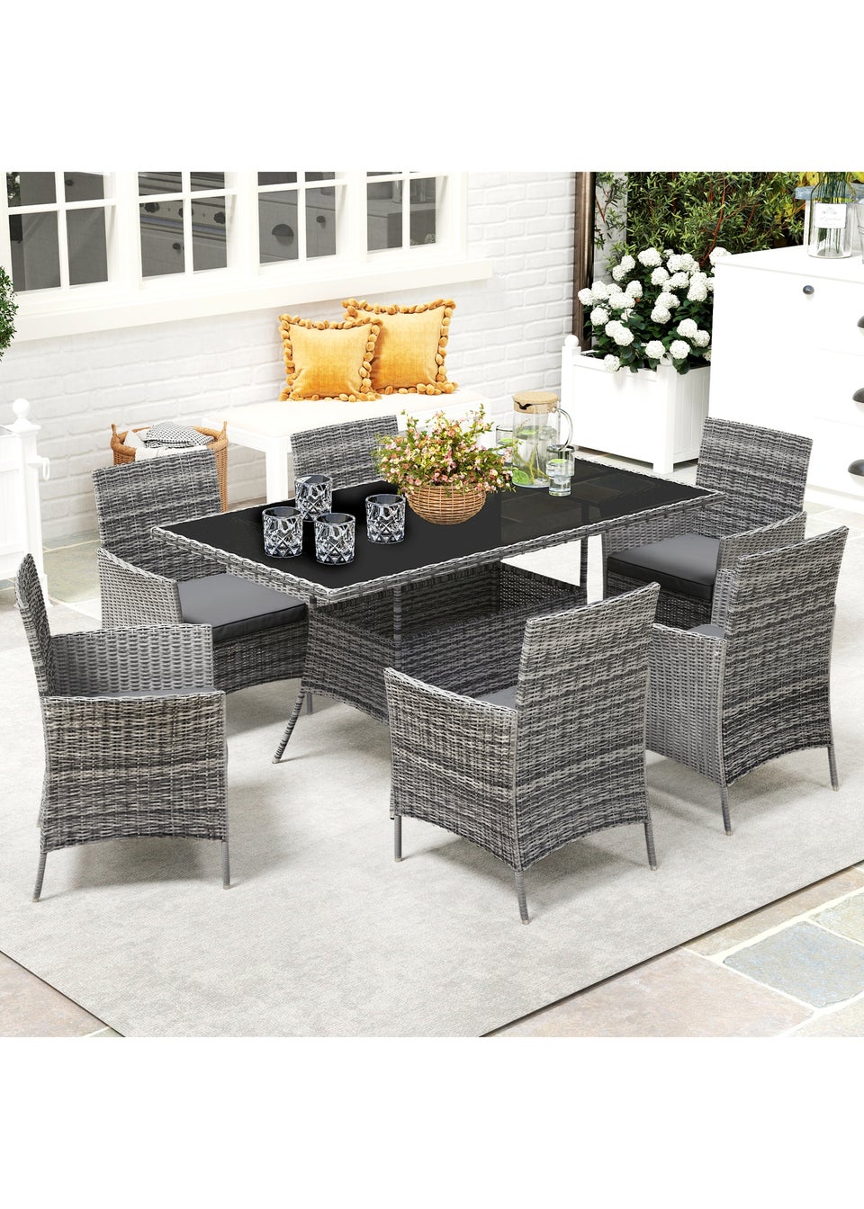 Outsunny Rattan Dining Set for 6 with Cushions Glass Top Table Grey