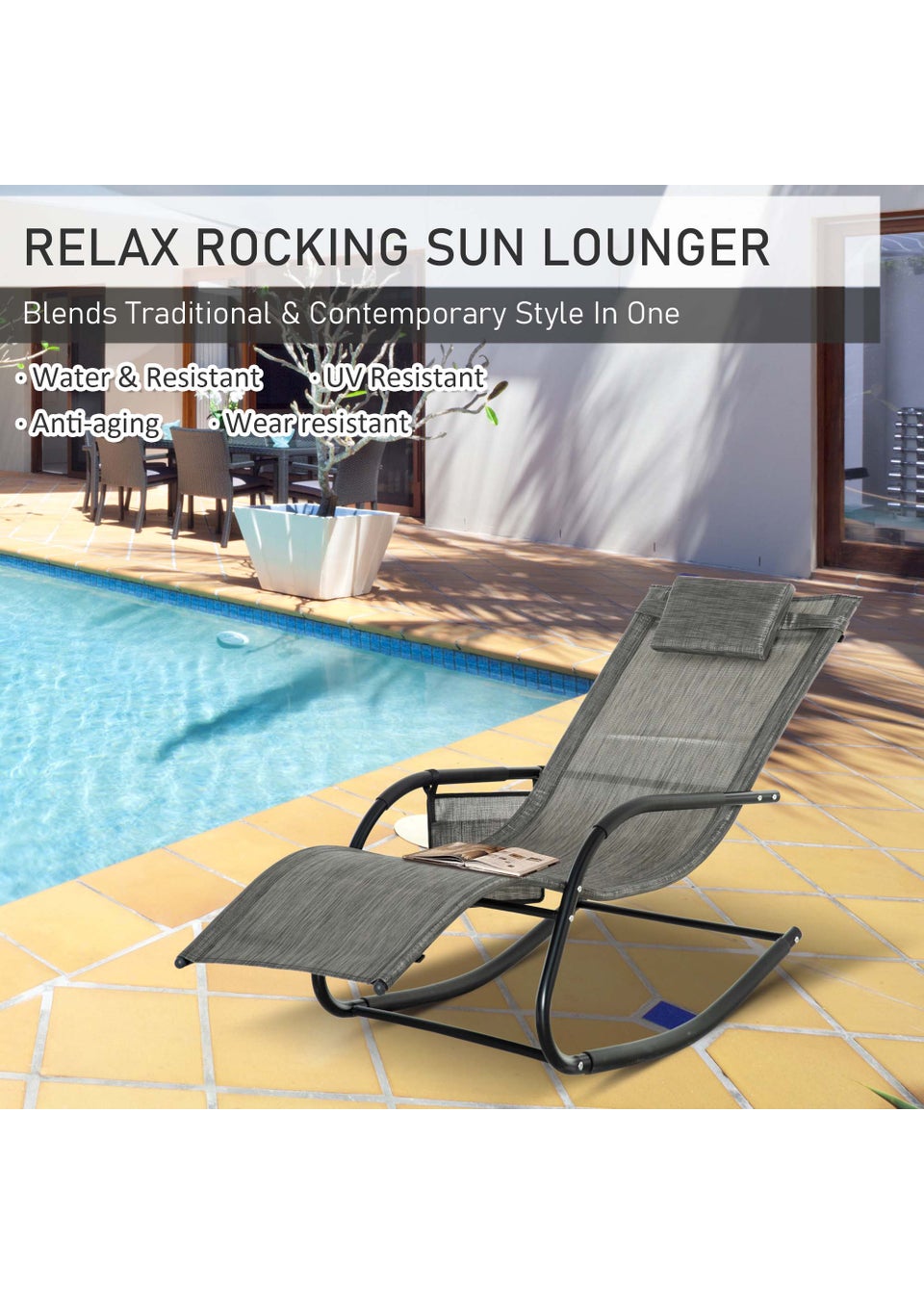 Outsunny Outdoor Garden Rocking Chair, Patio Sun Lounger Rocker Chair with Breathable Mesh Fabric