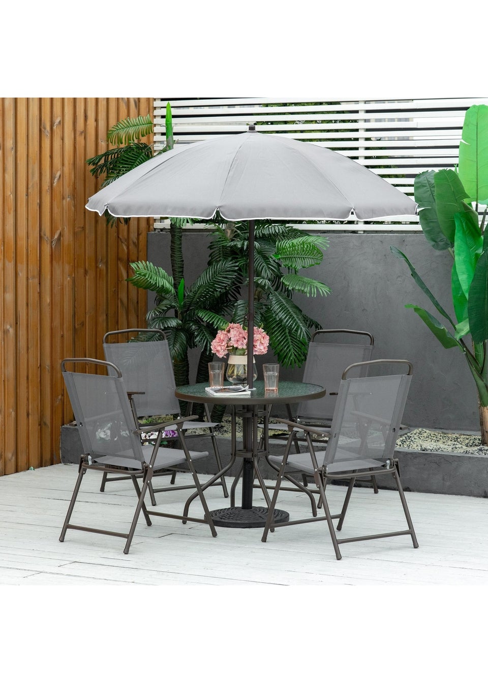 Outsunny 6 Piece Patio Dining Set with Garden Umbrella 4 Folding Chairs, Grey