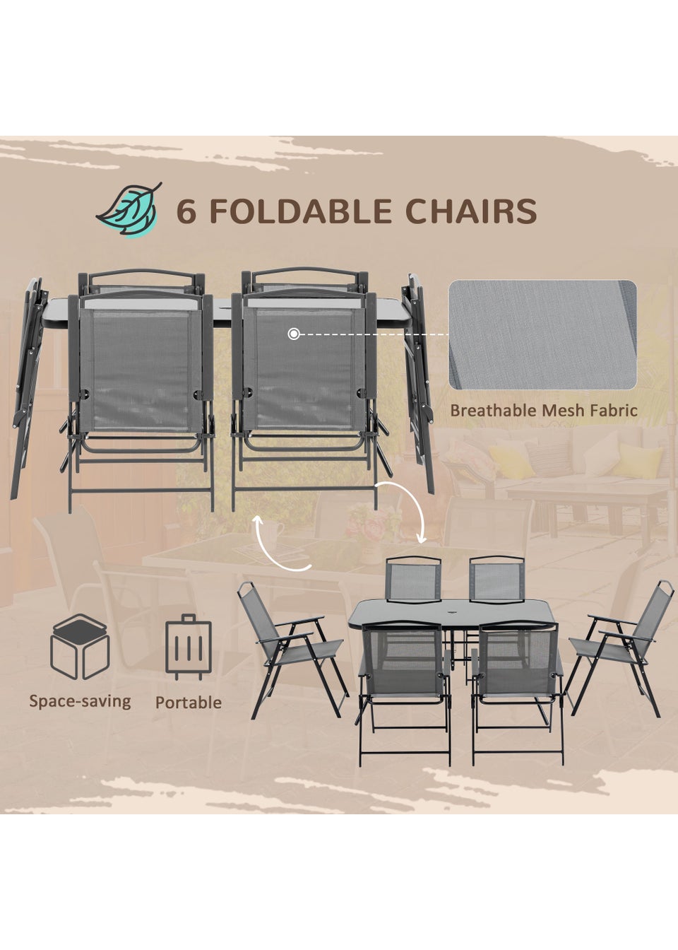 Outsunny 7 PCs Garden Dining Set with Dining Table 6 Folding Chairs
