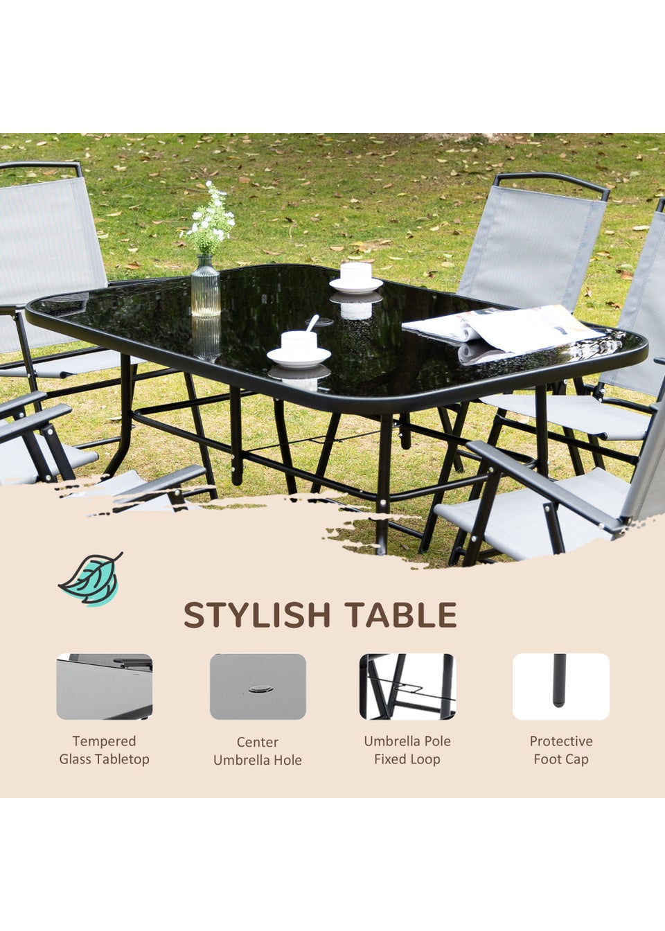 Outsunny 7 PCs Garden Dining Set with Dining Table 6 Folding Chairs