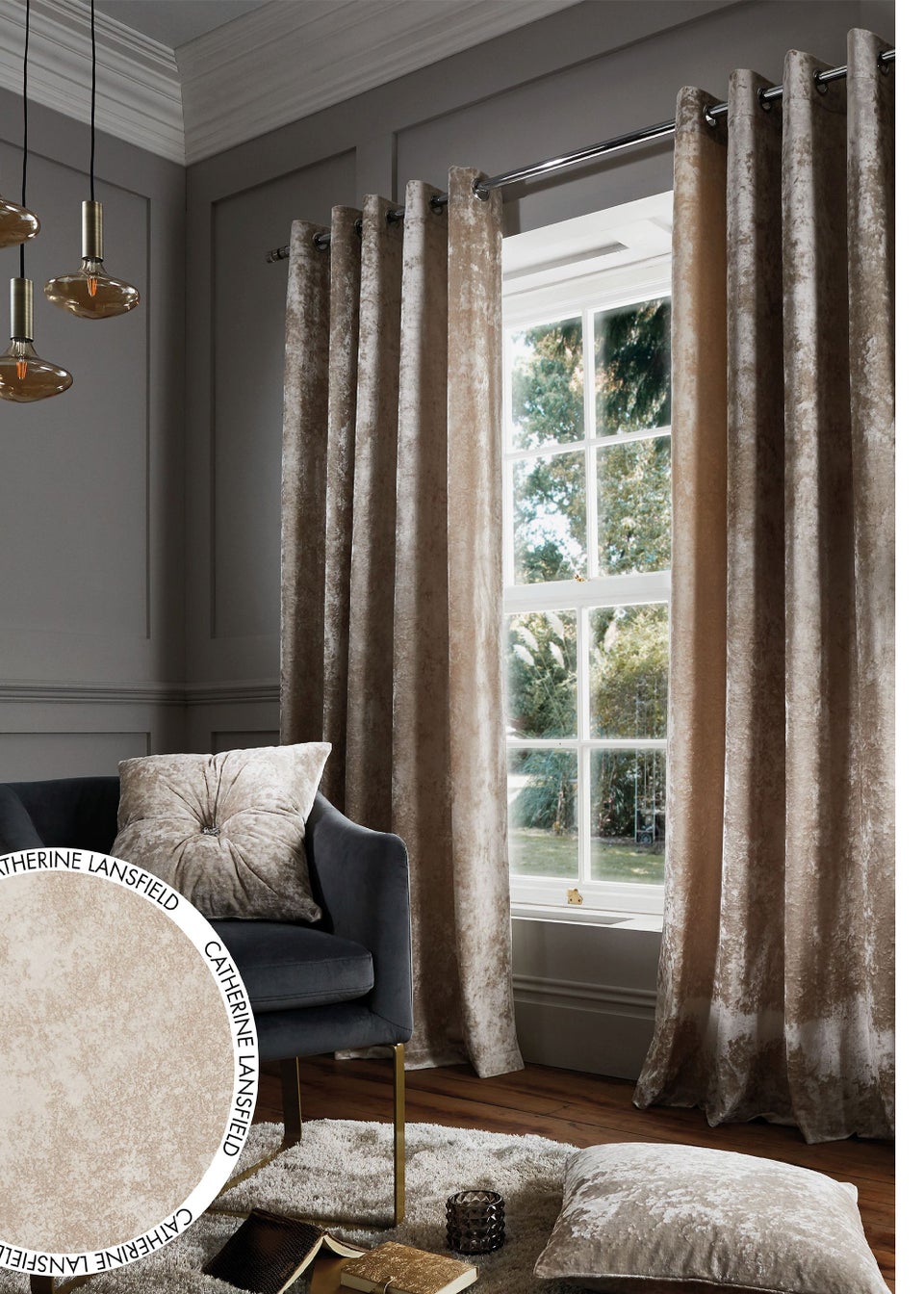 Catherine Lansfield Crushed Velvet Lined Eyelet Curtains