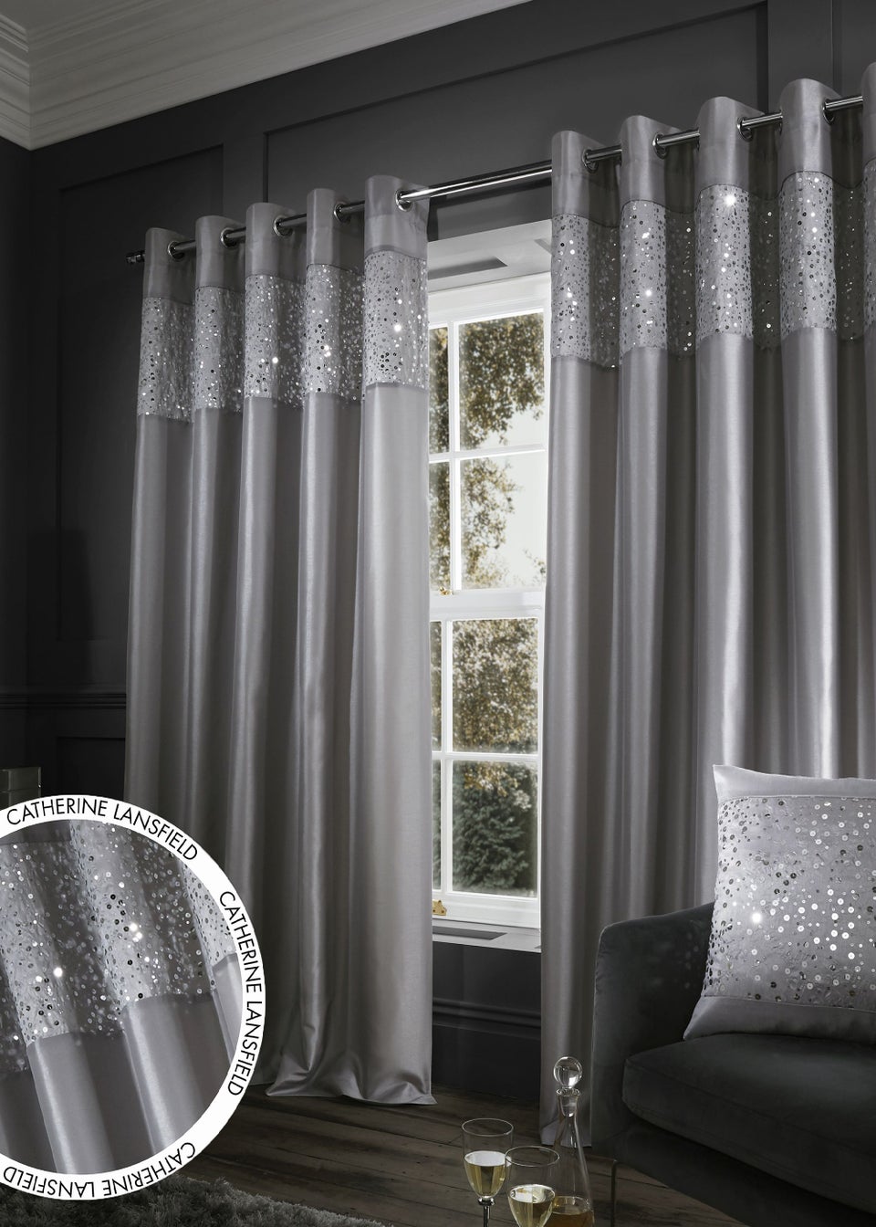 Catherine Lansfield Glitzy Lined Eyelet Curtains