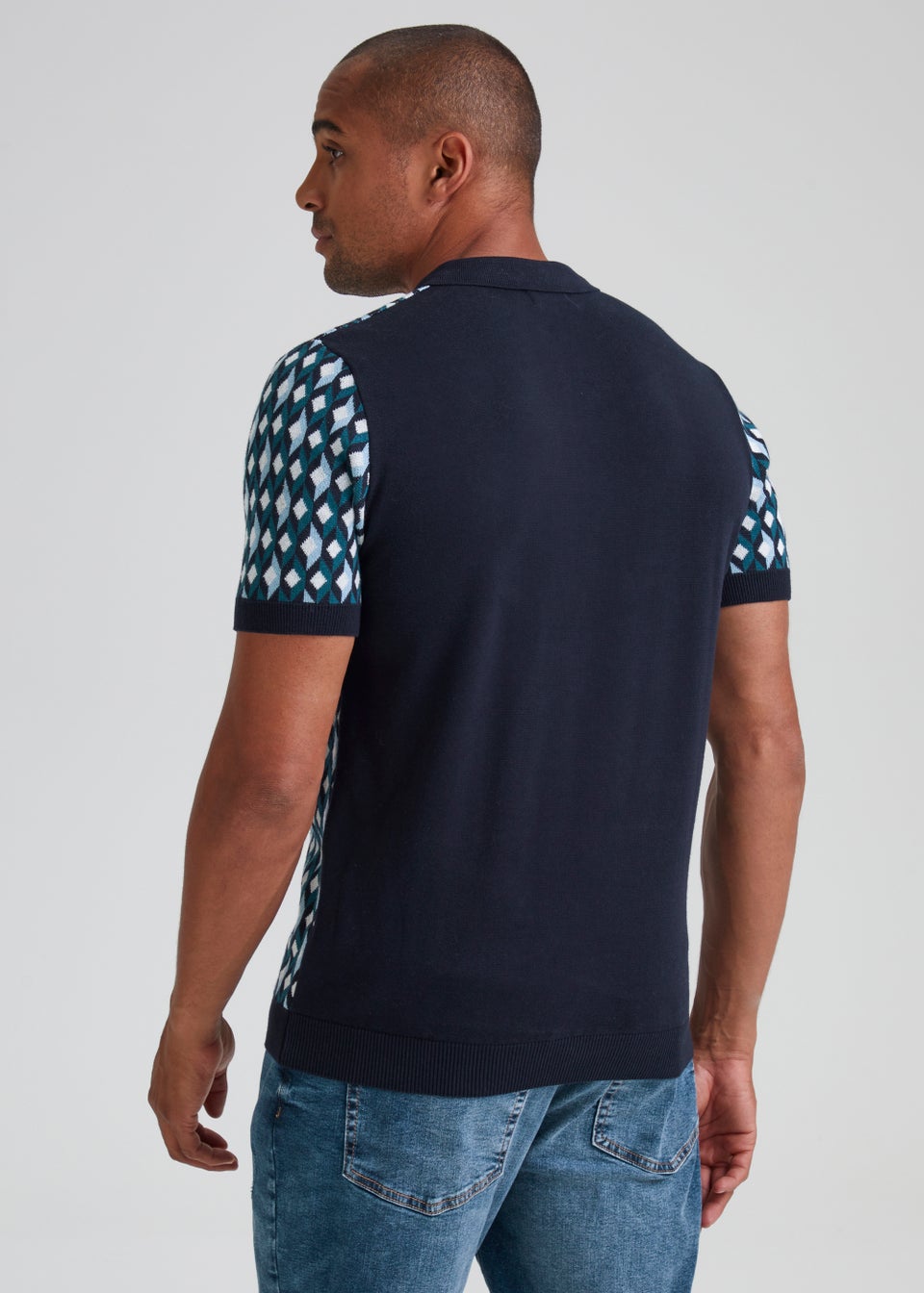Navy Diamond Geo Knitted Polo Shirt