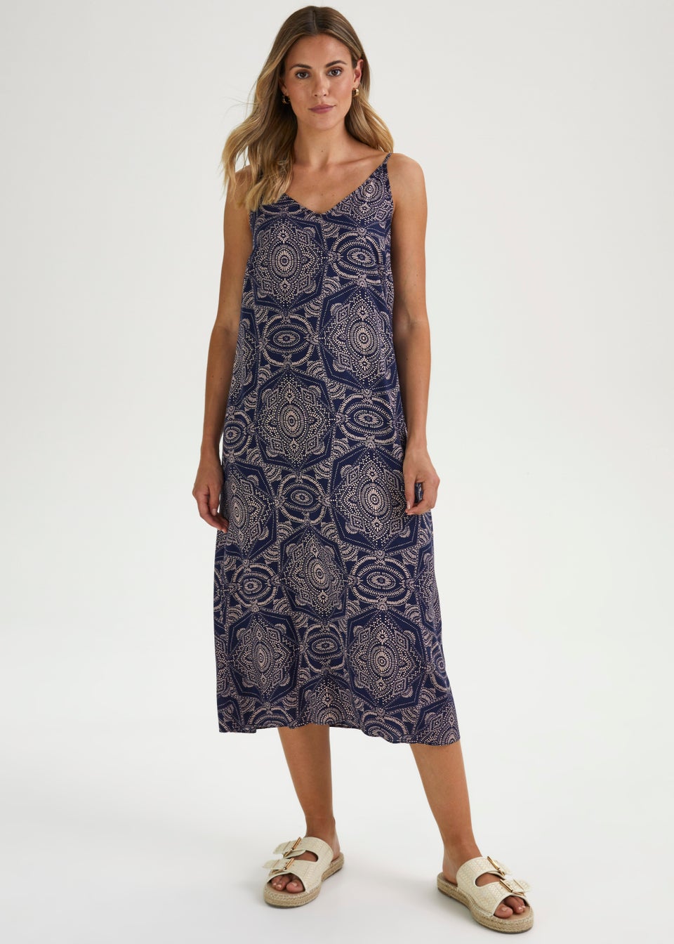 Navy Tile Print Viscose Cami Dress