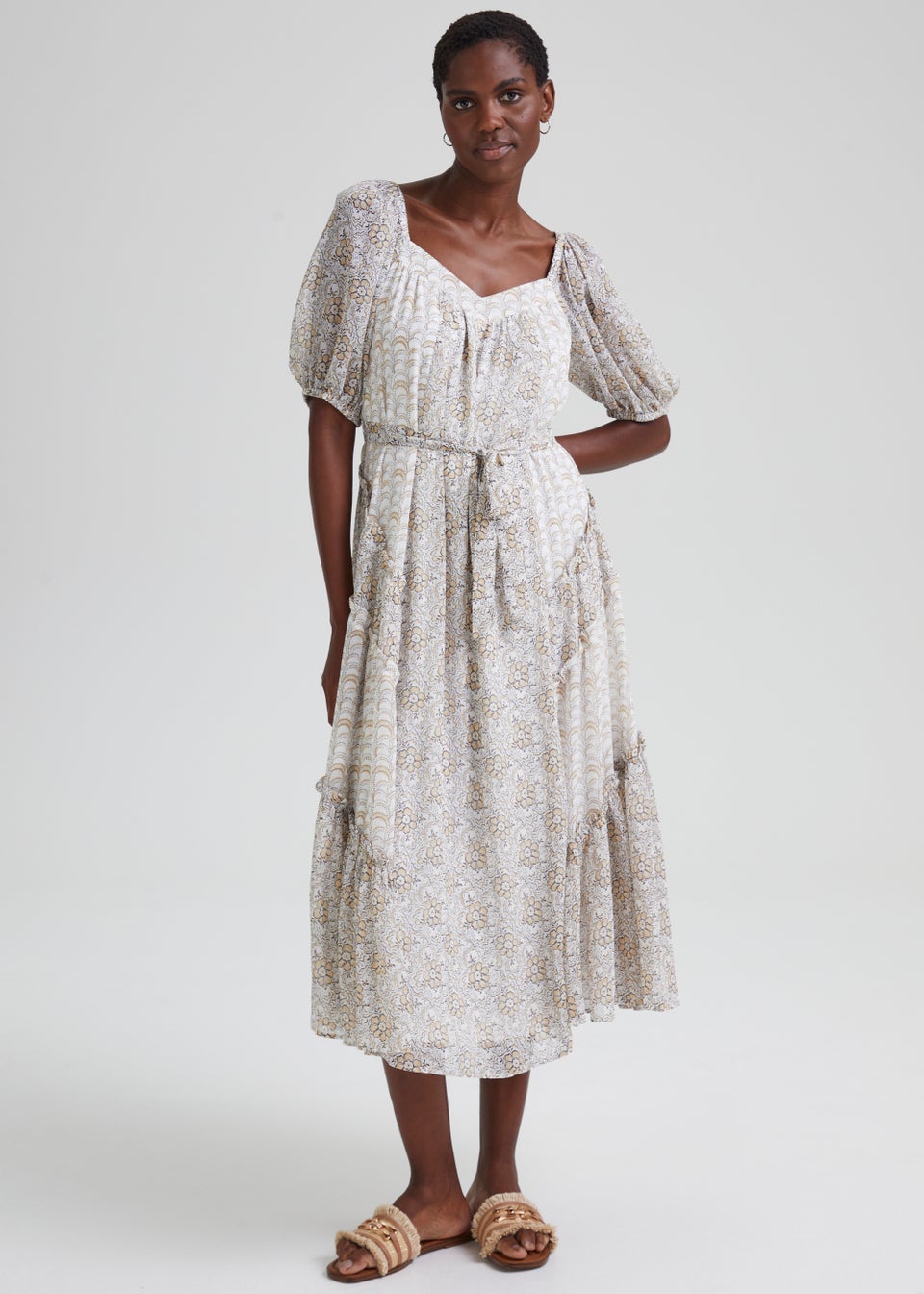 Cream Print Chiffon Dress - Matalan