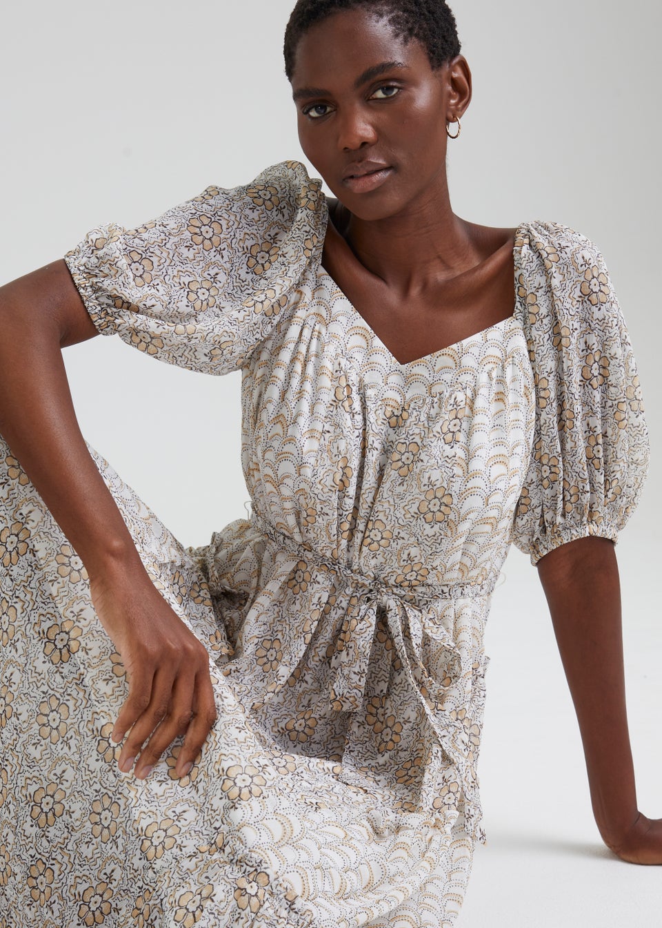 Cream Print Chiffon Dress