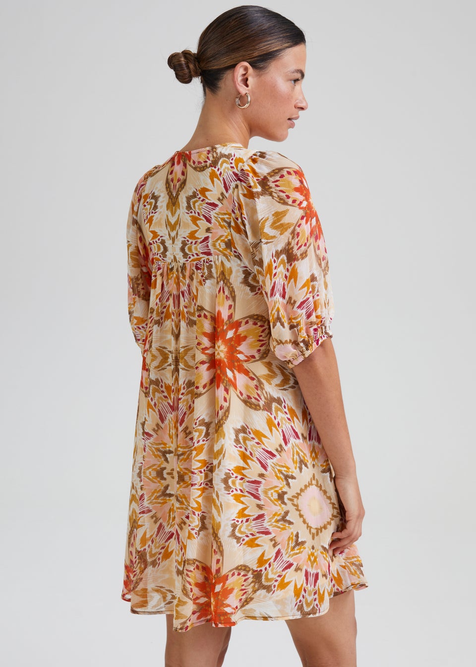 Cream Kaleidoscope Print Puff Sleeve Mini Dress