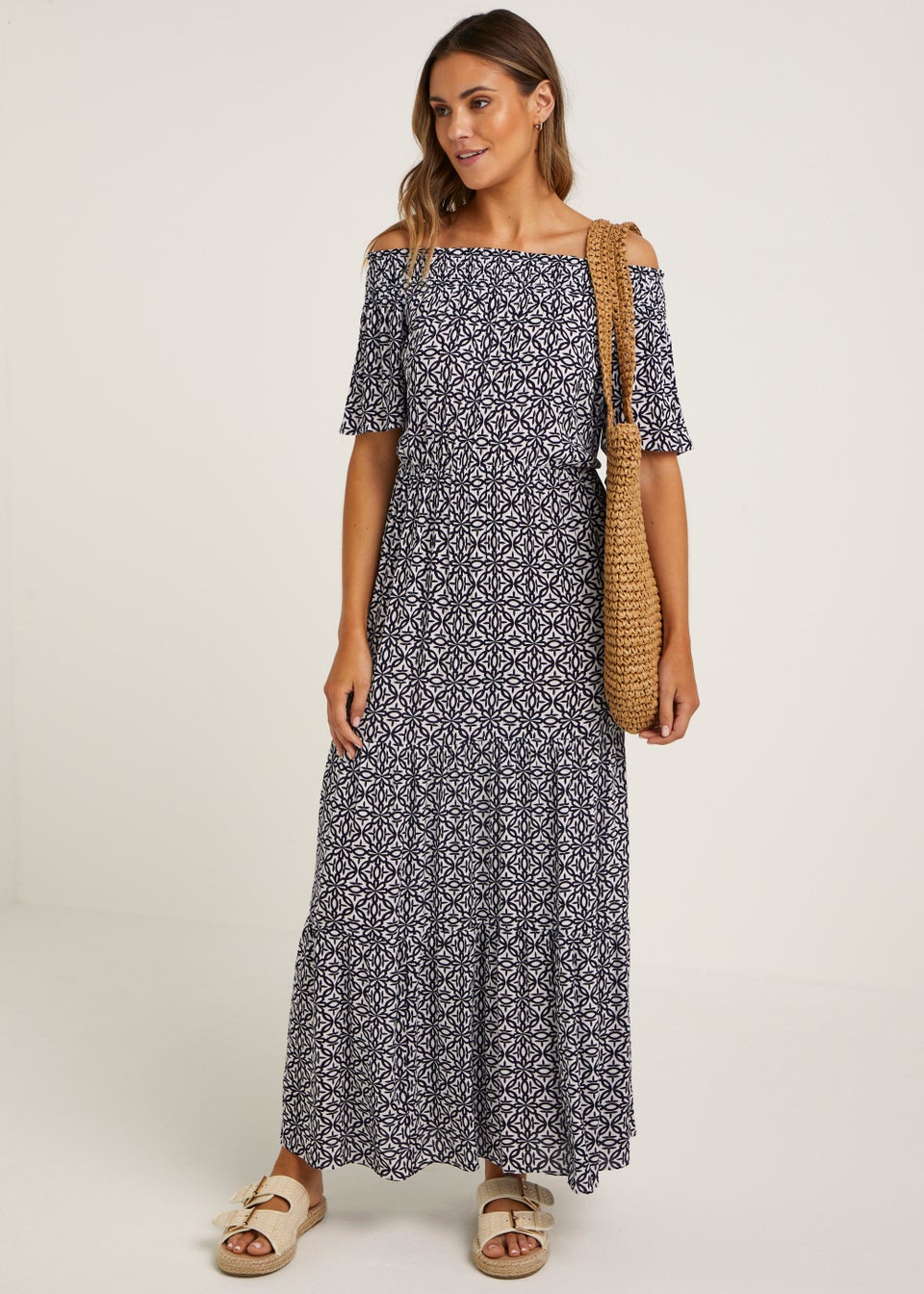 Tile Print Crinkle Bardot Maxi Dress
