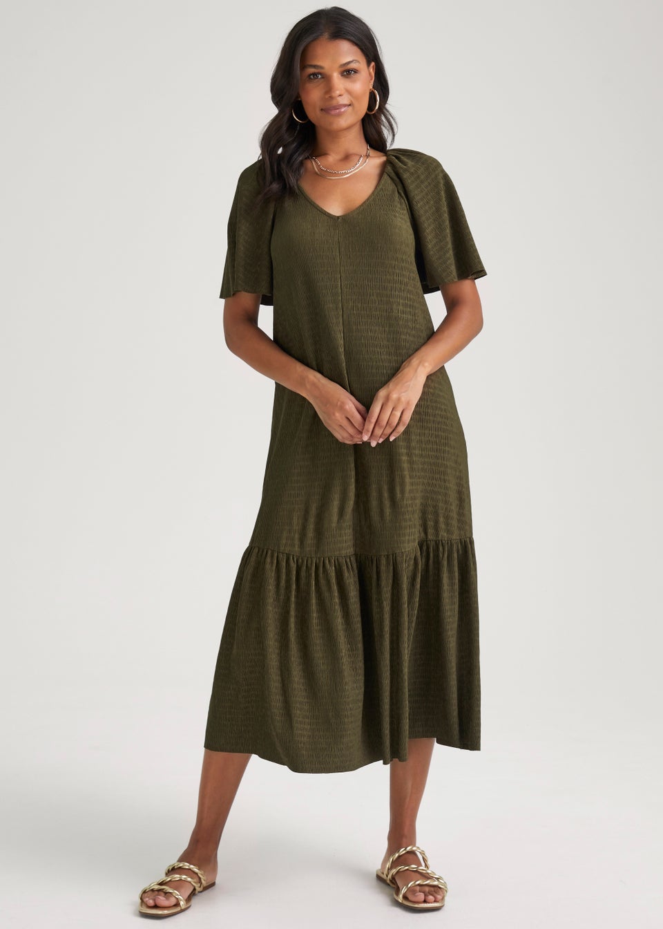 Khaki Crinkle Angel Sleeve Midi Dress