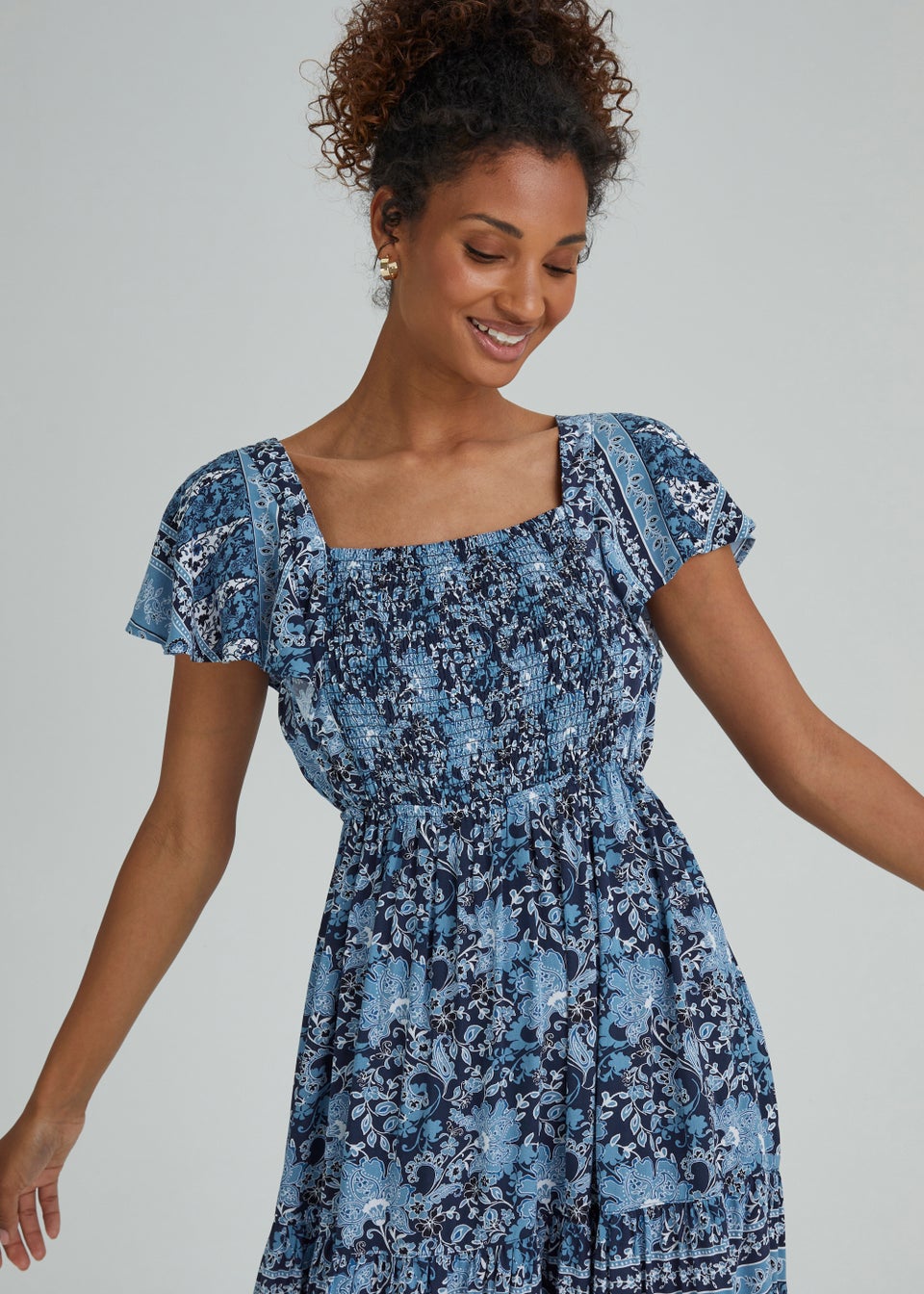 Blue Floral Shirred Frill Midi Dress