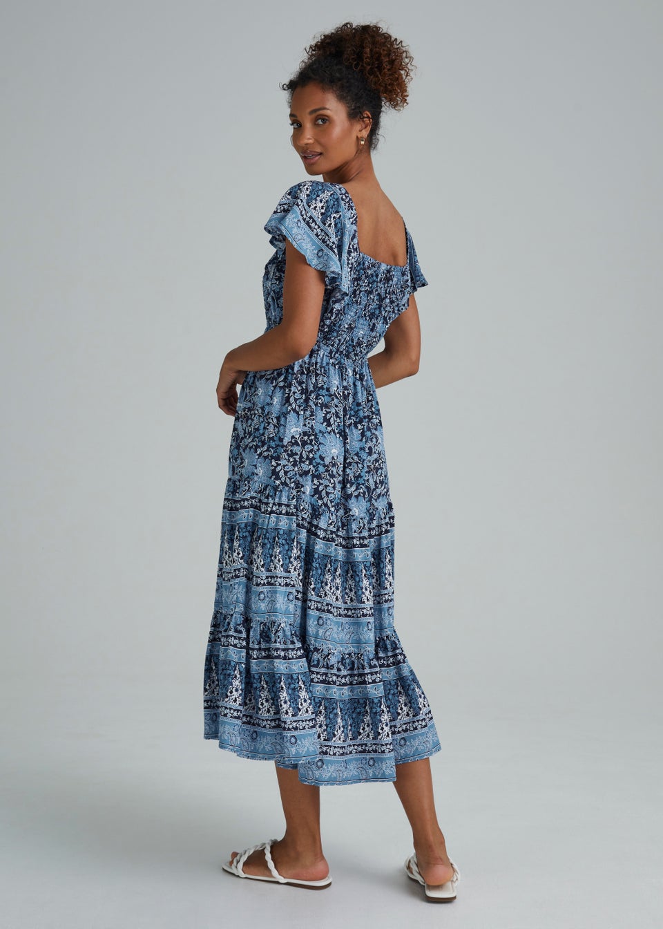 Blue Floral Shirred Frill Midi Dress
