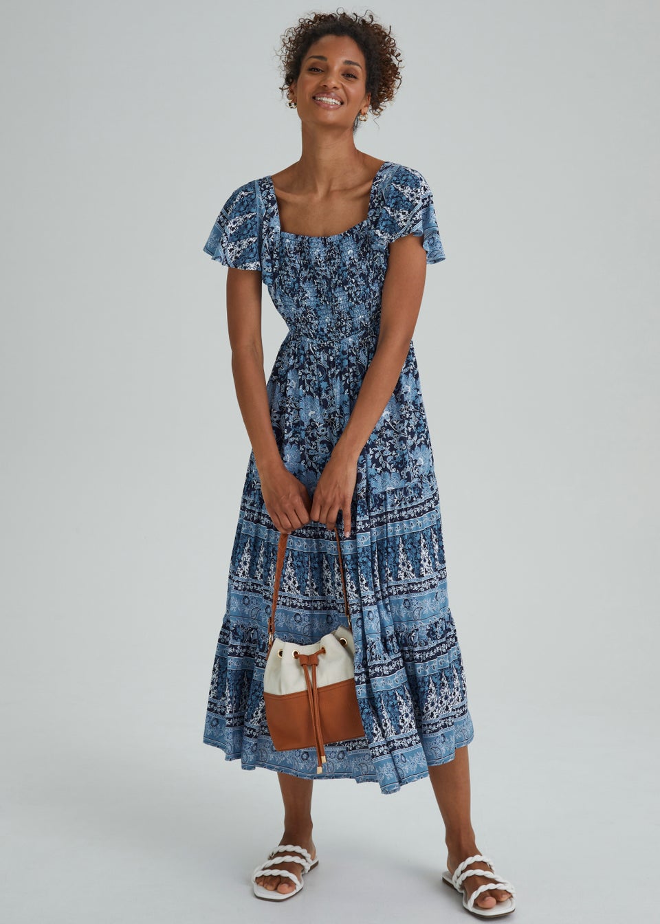 Blue Floral Shirred Frill Midi Dress