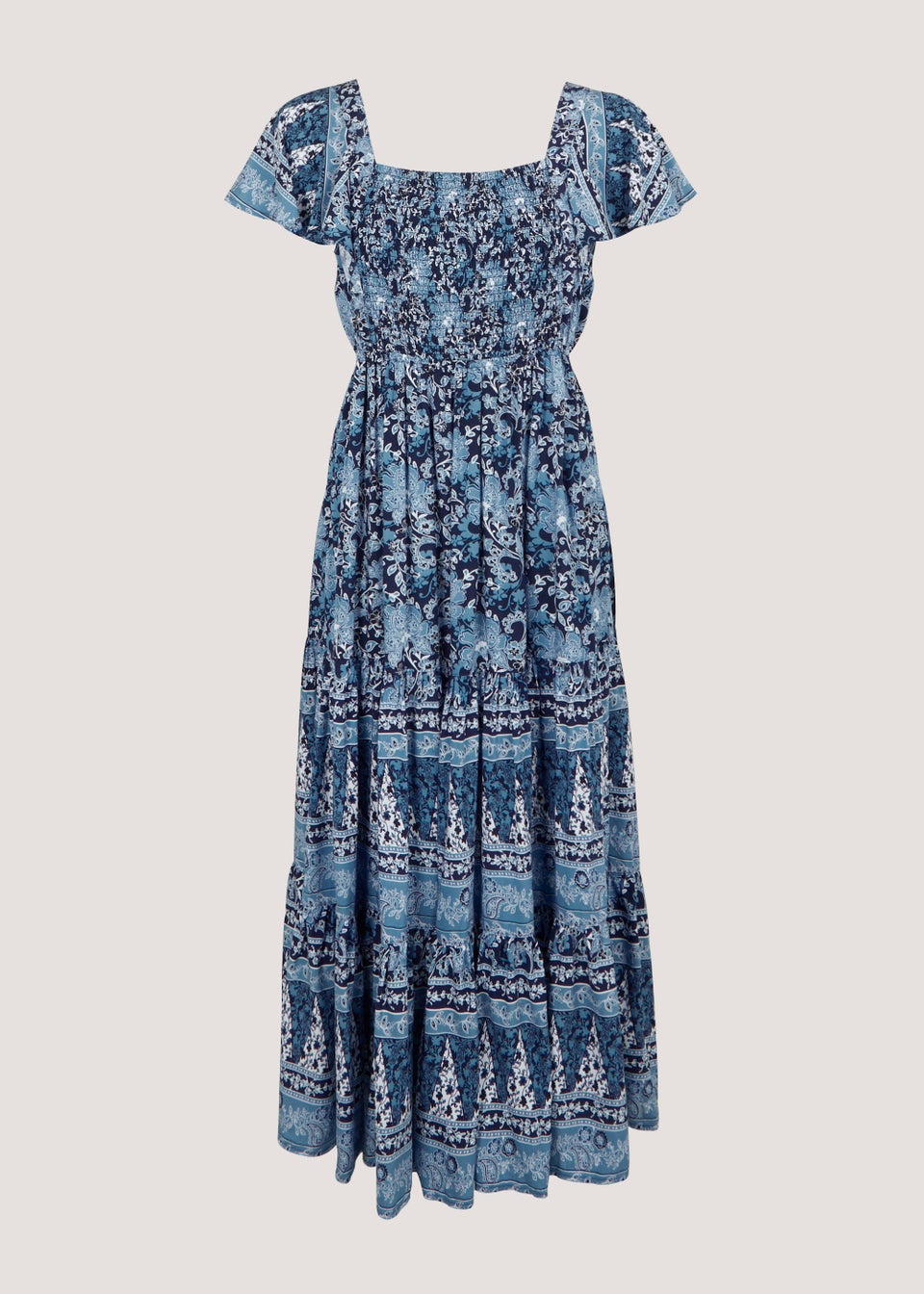 Blue Floral Shirred Frill Midi Dress