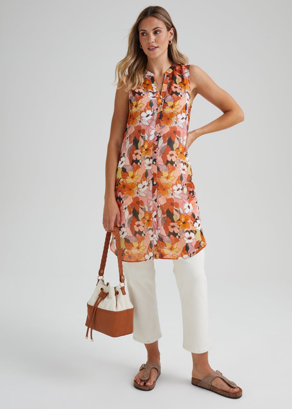 Multicoloured Floral Longline Sleeveless Shirt