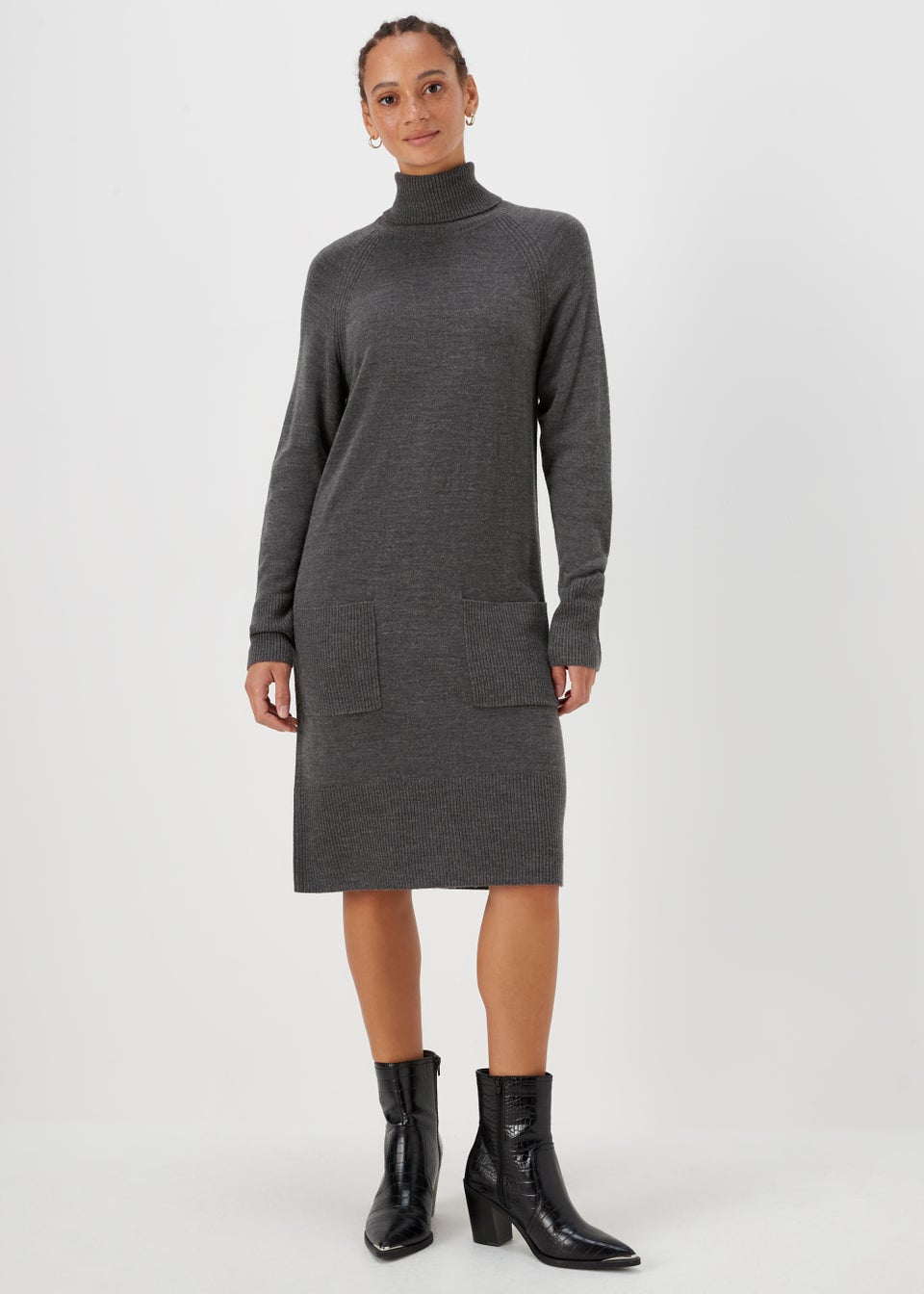 Charcoal Super Soft Roll Neck Knitted Tunic Dress