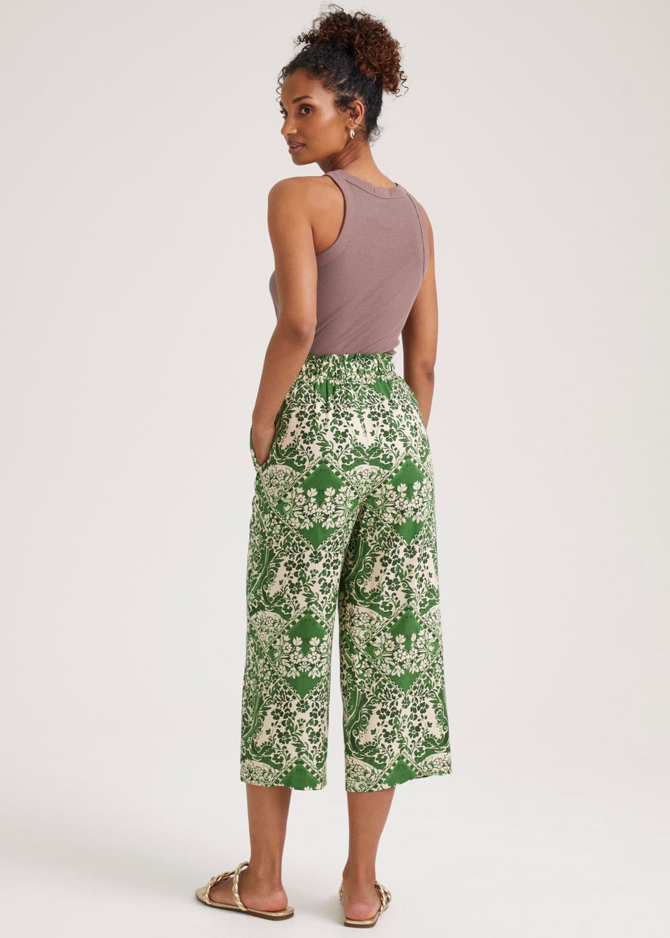 Green Print Cropped Trousers