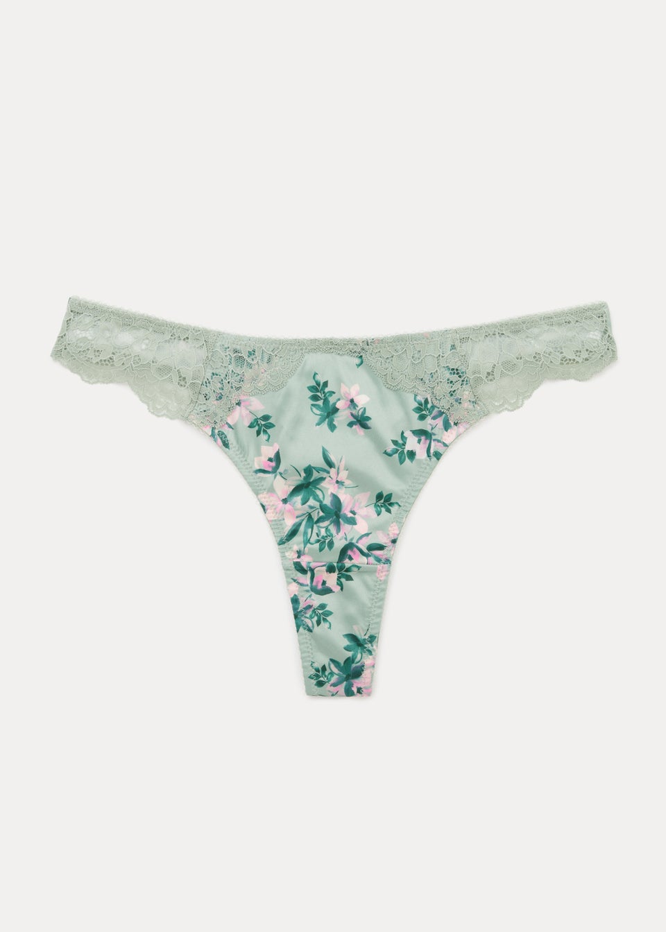 Green Satin Floral Print Thong