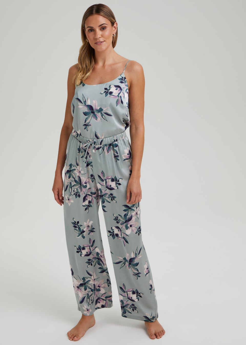 Green Satin Floral Print Pyjama Bottoms