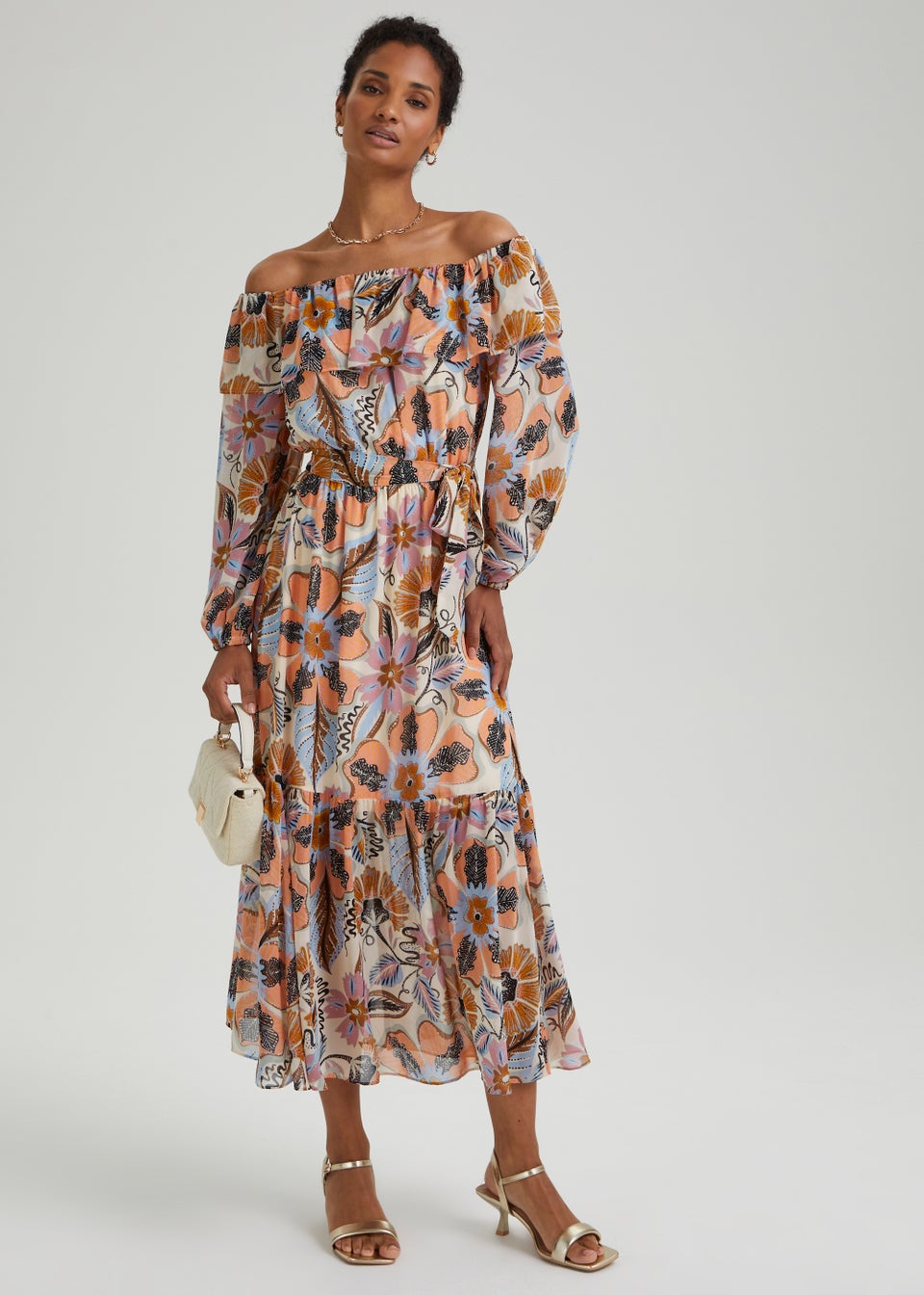 Et Vous Ivory Floral Print Chiffon Bardot Maxi Dress Matalan