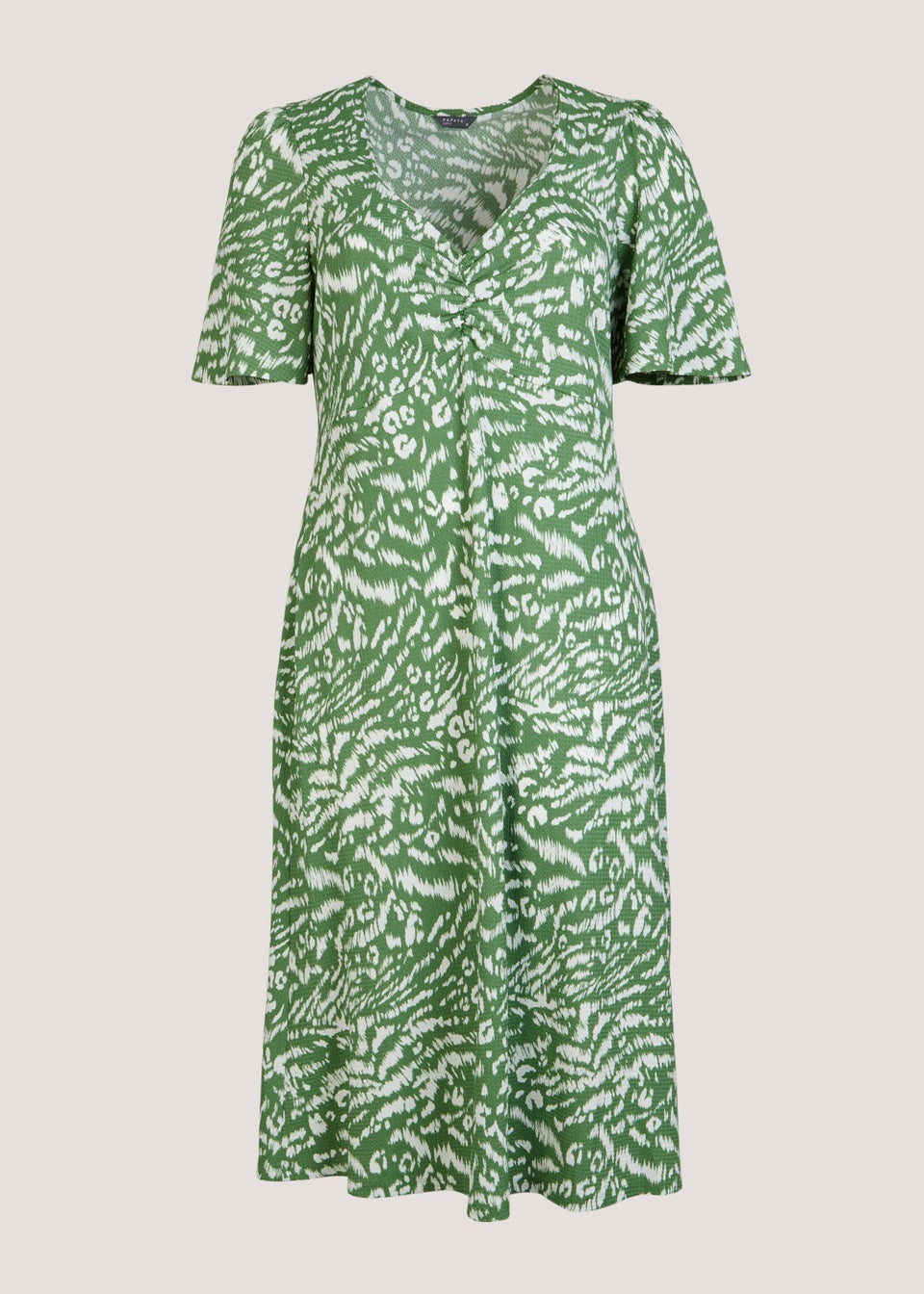Green Print Fitted V-Neck Midi Dress