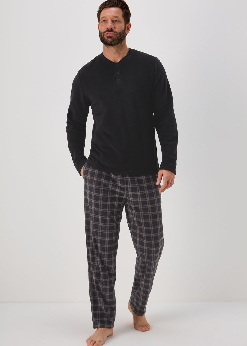 Black Microfleece Long Sleeve Pyjama Set - Matalan