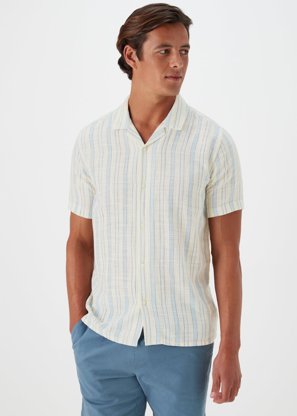Ecru & Blue Stripe Short Sleeve Shirt