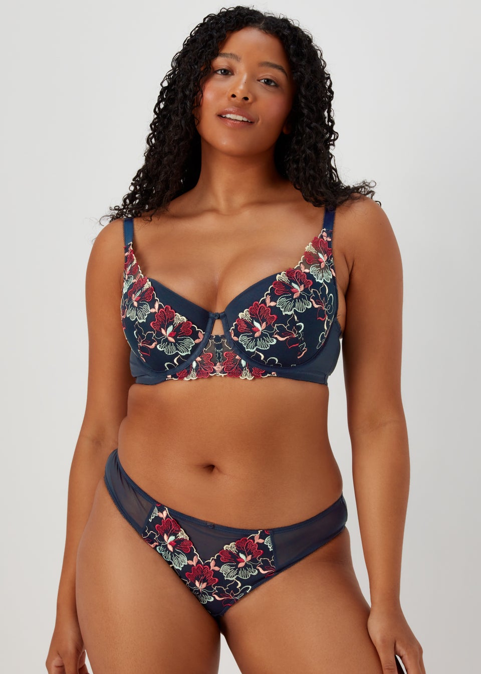 Navy Floral Embroidered Brazilian Knickers